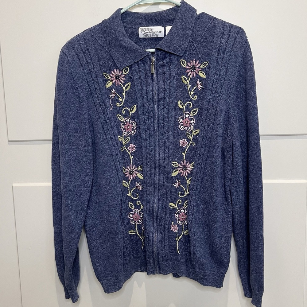 Alfred Dunner Vintage Granny Sweater Women's Size XL Blue Embroidered Floral Zip